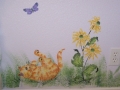 childrens-murals-flower-garden-playful-kitty-and-butterfly-with-yellow-flowers